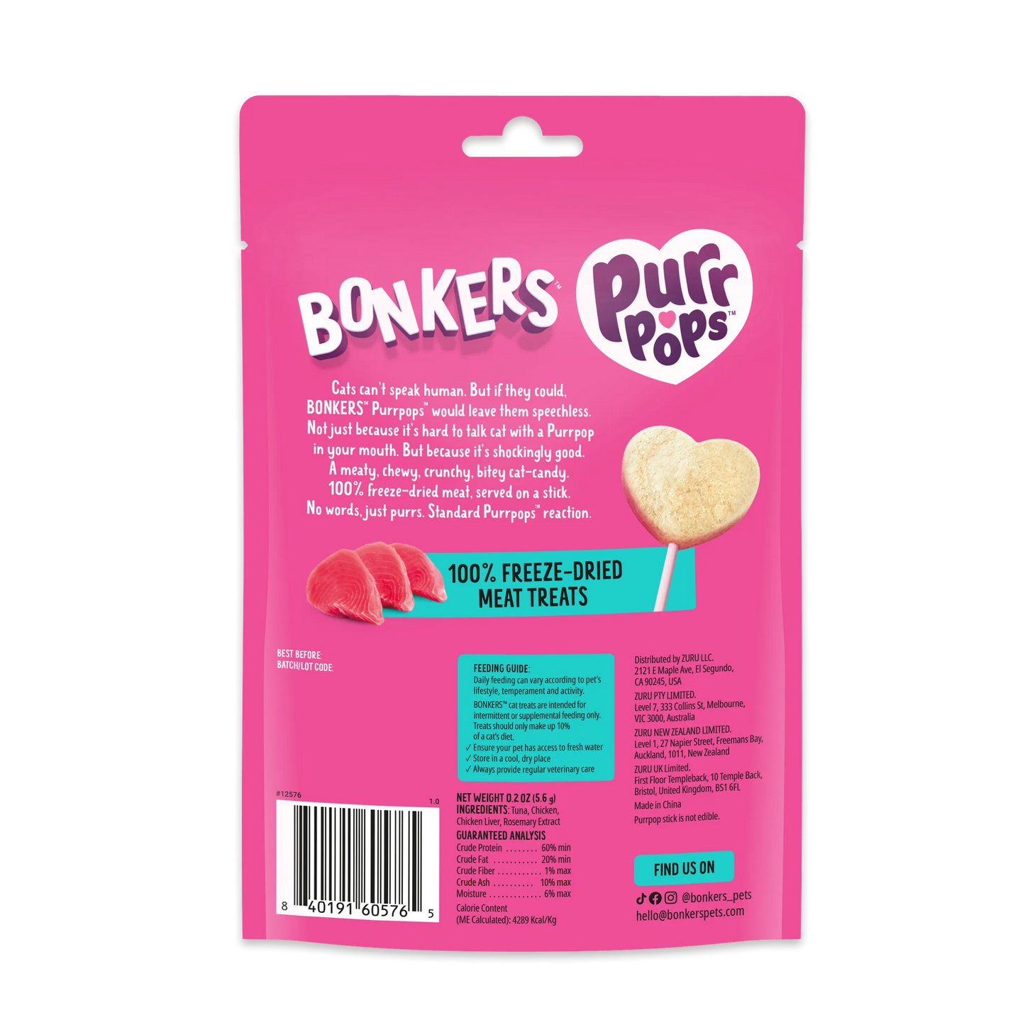 Rhodes Pet Science Bonkers Purr Pops Tuna Cat Treat Sticks NEW