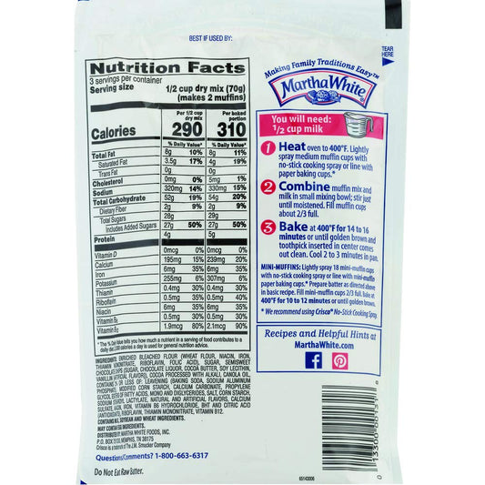 Martha White Chocolate Chip Muffin Mix 7.5 oz Bag