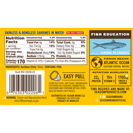 Season Brand Skinless & Boneless Sardines No Salt Added 4.25 oz