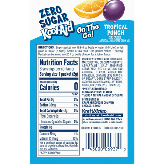 Kool-Aid Tropical Punch Zero Sugar Drink Mix On The Go 6 Packets 0.36 oz