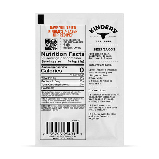 Kinder;s Original Taco Seasoning Blend With Mild Chili Garlic Lime 0.8 Oz